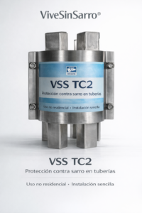 Dispositivo ViveSinSarro TC2 de acero fijo para uso industrial, hoteles y sistemas municipales, reduce la acumulación de sarro en tuberías y equipos