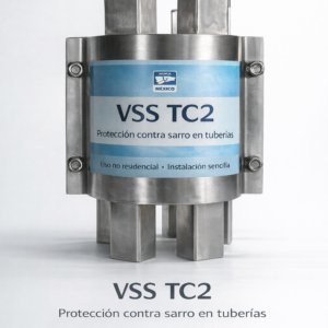 Dispositivo ViveSinSarro TC2 de acero fijo para uso industrial, hoteles y sistemas municipales, reduce la acumulación de sarro en tuberías y equipos