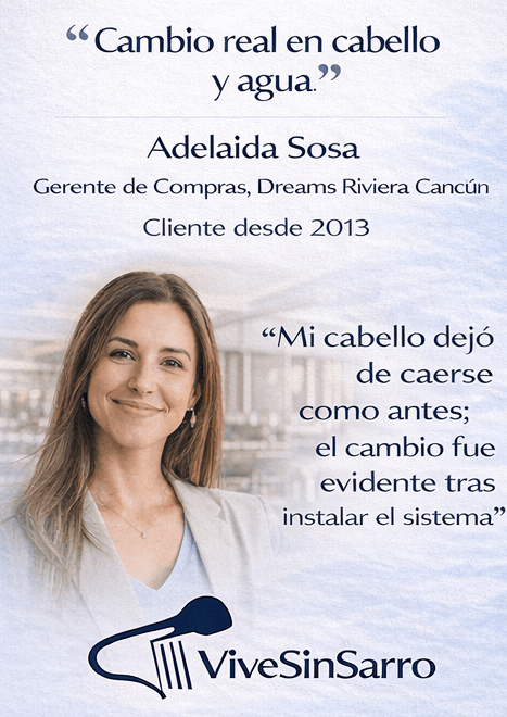 Testimonio de Adelaida Sosa en Dreams Riviera Cancún sobre ViveSinSarro, reducción en caída de cabello y mejora del agua