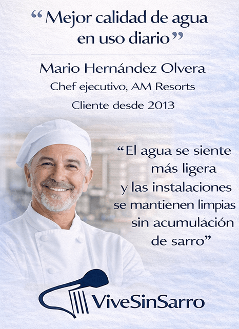 Testimonio de Mario Hernández Olvera chef ejecutivo sobre ViveSinSarro, mejora en calidad del agua y limpieza de instalaciones