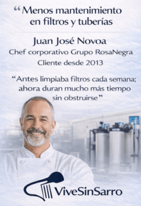 Testimonio de Juan José Novoa chef corporativo sobre ViveSinSarro, menor mantenimiento en filtros y tuberías