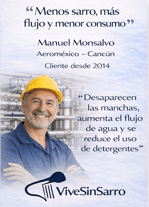 Testimonio de Manuel Monsalvo en Aeroméxico Cancún sobre ViveSinSarro, menos sarro y mayor flujo de agua